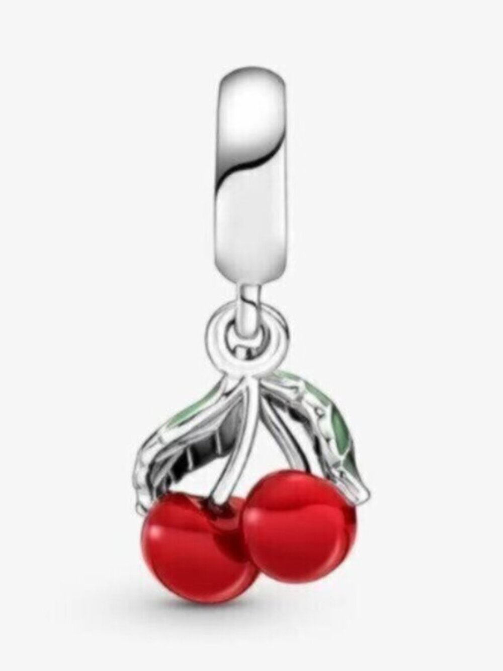 Pandora Red Cherry Dangle Charm with Silver Leaves